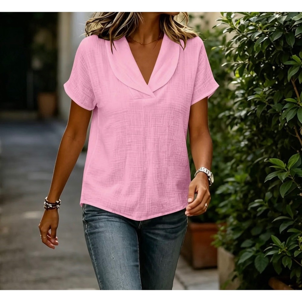 Pink Cotton Linen Blend Short Sleeve Shawl Collar Blouse Top